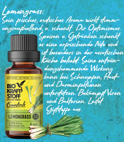 LEMONGRASS: Lebensmittel & Naturessenz (Wasserdampfdestillation), 100 % pures BiO-Ätherisches Öl. 100 % BIO – Bild 2